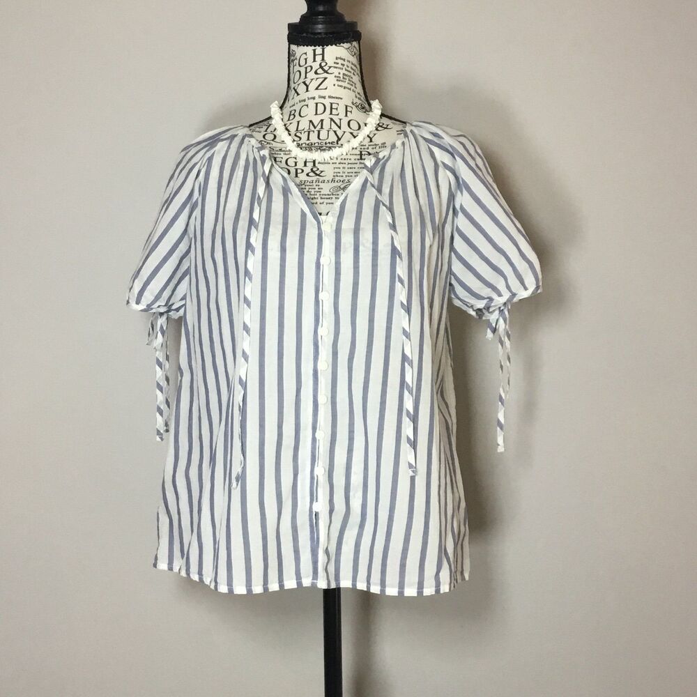 Coastal blue white striped blouse 100% cotton short sleeves button down beachy M